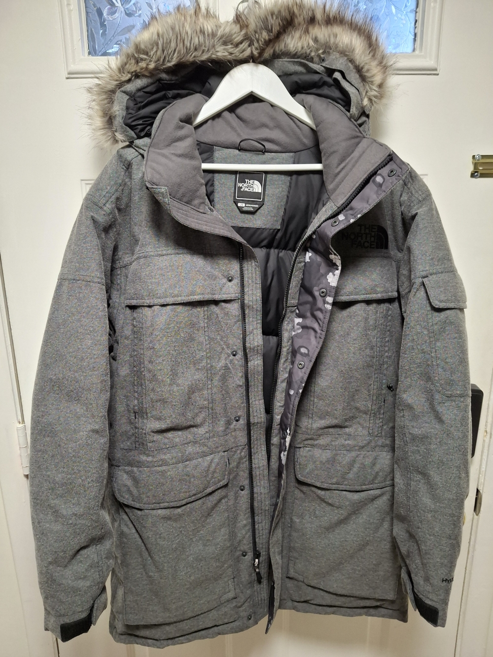 the north face camo puffer hooded jacket grey L $500